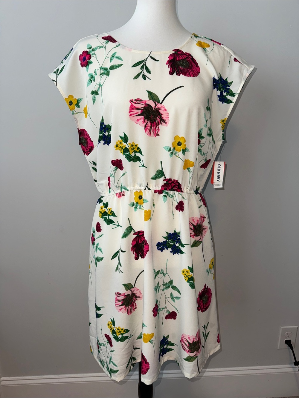 Old Navy White Floral Blooms Elastic-Waist Mini Sleeveless Dress Women's L - NWT